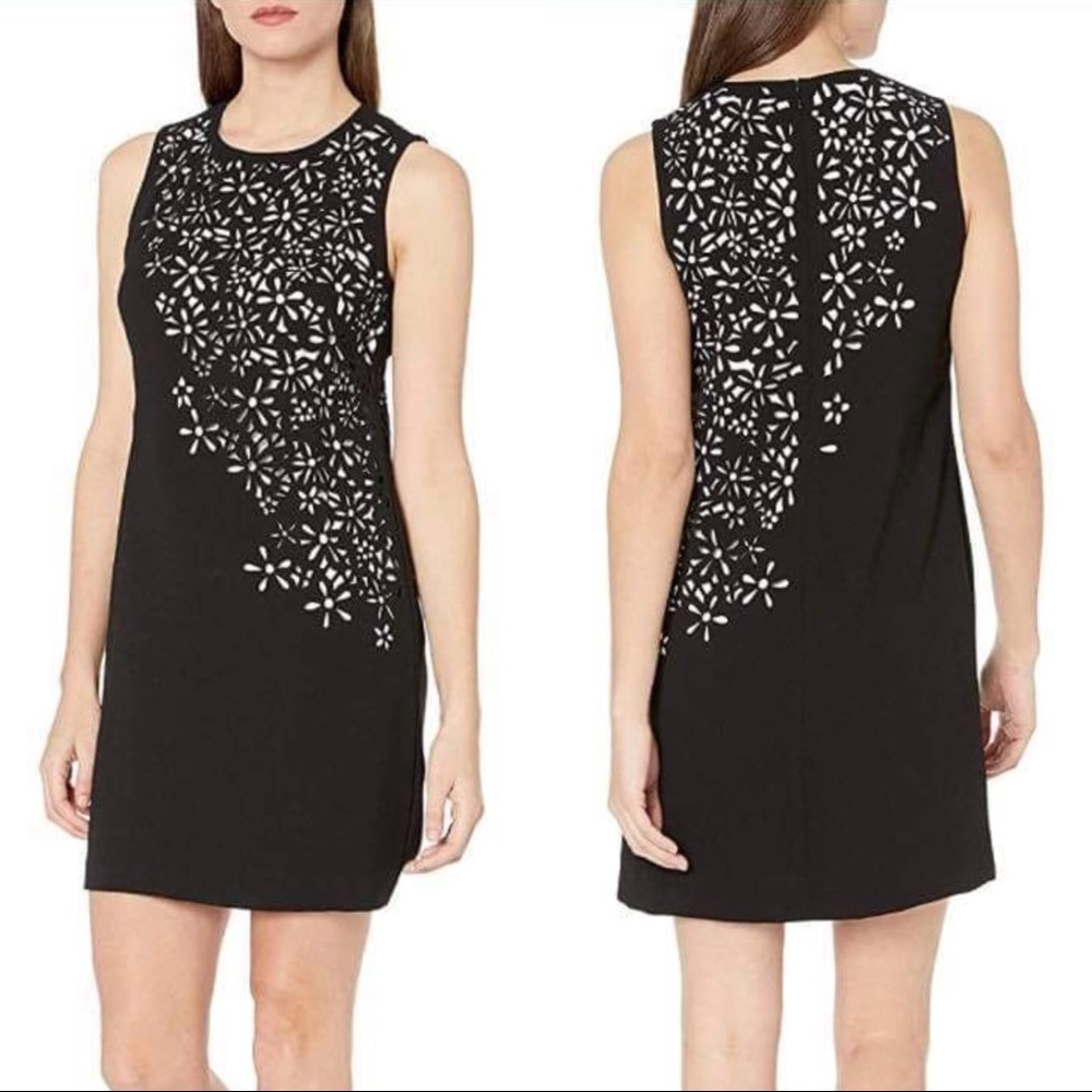 NWT Calvin Klein Black Sleeveless Floral Laser Cut A-Line Sheath Dress
